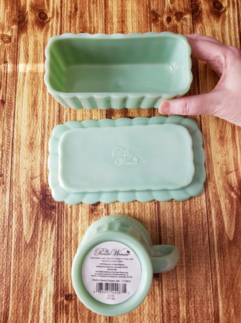 Pioneer Woman Timeless Beauty Jade Green Glass Butter Dish and Creamer Set